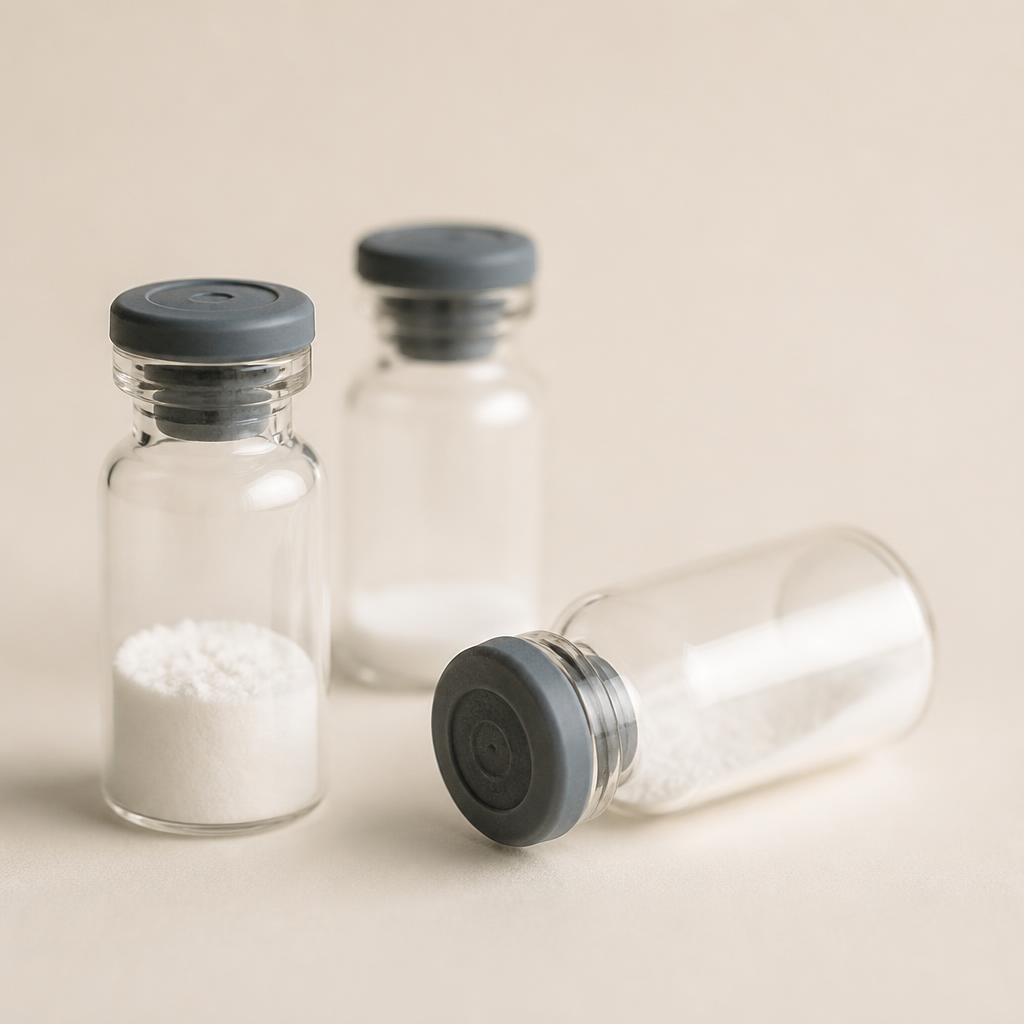 Sealed glass vials with lyophilized peptide powder